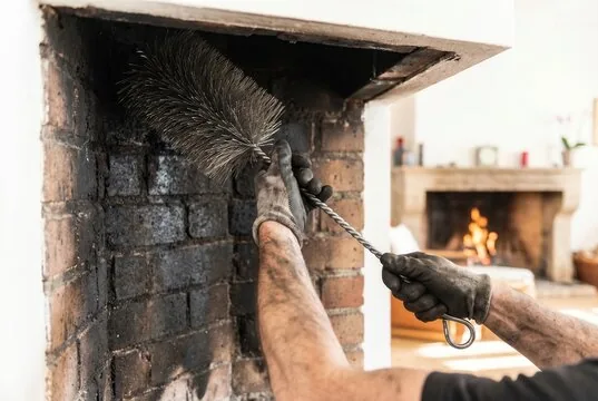 Wire brush scrubbing soot from a brick firebox