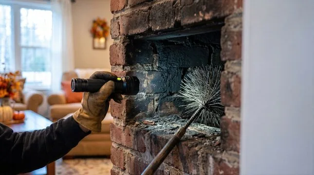 Technician checking a brick fireplace with a flashlight in a living room