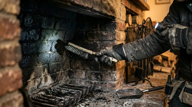 Cleaning a firebox with a hand brush