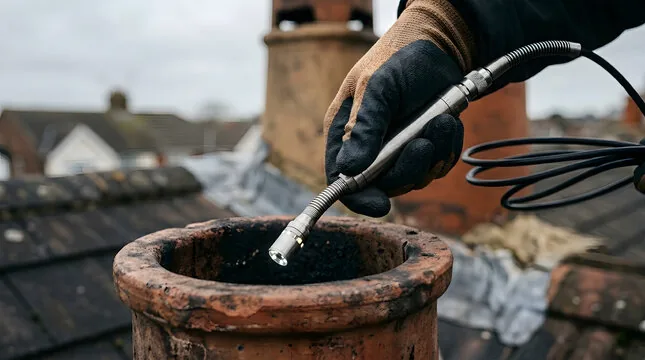 Inspection camera being lowered into a sooty clay chimney pot among rooftop chimneys