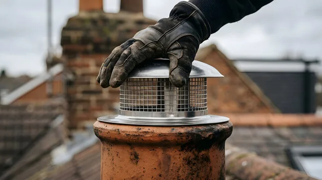 Gloved hand fitting a stainless mesh cap over a clay chimney pot