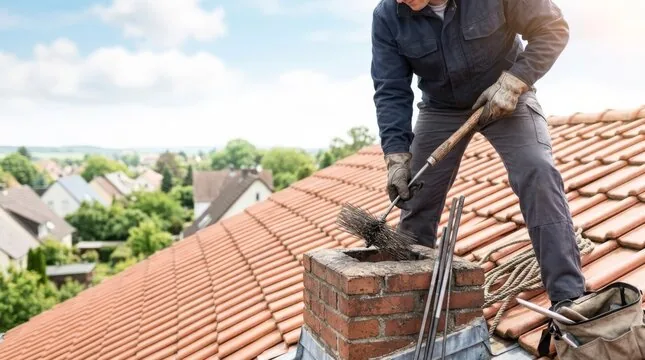 Chimney sweep with brushes on a tile roof